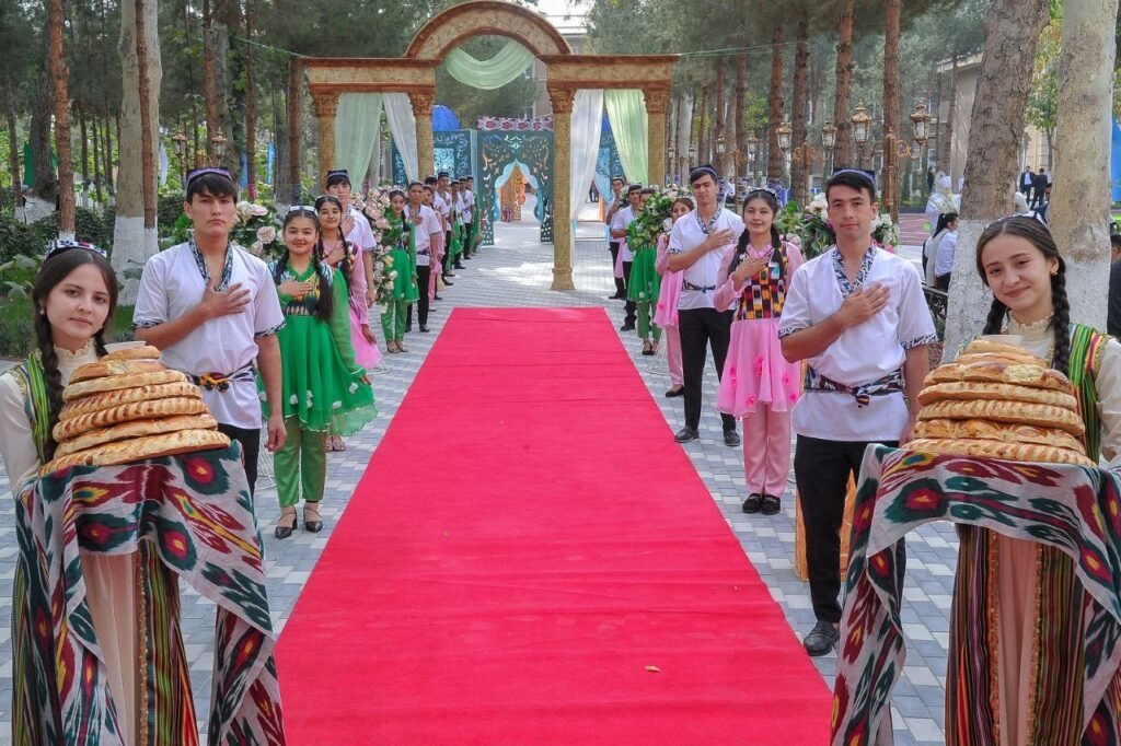 Students welcoming guests at Fergana Medical Institute of Public Health